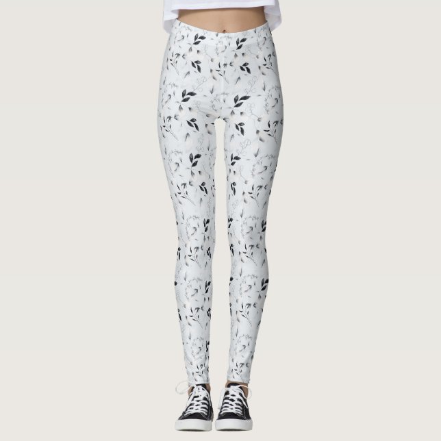 Schwarz-weiße Silver Gray Floral Blätter Leggings (Vorderseite)