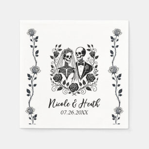 Schwarz-weiße Skelett-Blumenrose-Hochzeit Serviette