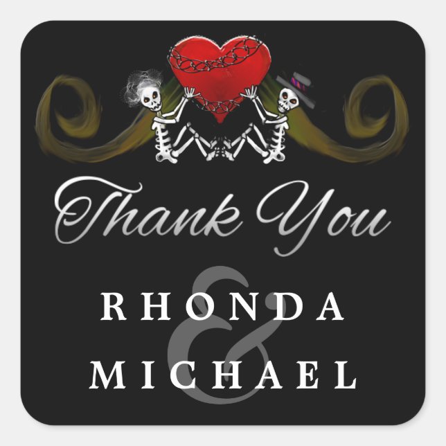 Schwarz-weiße Skelette Herzlichen Dank, Label Quadratischer Aufkleber (Vorderseite)