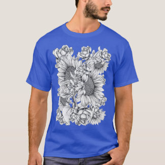 Schwarz-weiße Sonnenblumen und Rose T-Shirt