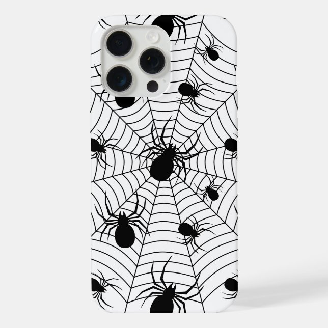 Schwarz-weiße Spinnennetzmuster Halloween iPhone 15 Pro Max Hülle (Rückseite)