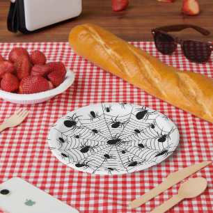 Schwarz-weiße Spinnennetzmuster Halloween Pappteller