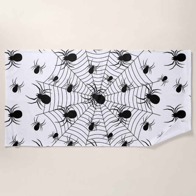 Schwarz-weiße Spinnennetzmuster Halloween Strandtuch (Vorderseite)