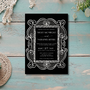 Schwarz-weiße Spitzen-Hochzeit im Stil des alten G Einladung