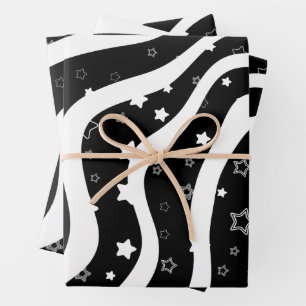 Schwarz-Weiße Sterne Auf Linien Elegantes Design Geschenkpapier Set