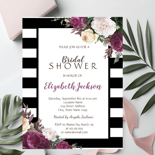 Schwarz-weiße Streifen Blumenmuster Brautparty Einladung (Von Creator hochgeladen)