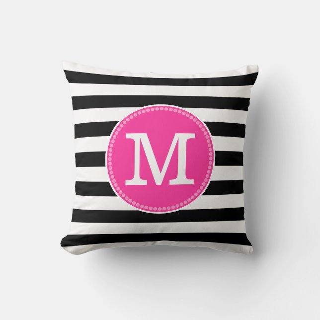 Schwarz-weiße Streifen Chic Minimal Hot Pink Monog Kissen (Vorderseite)