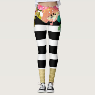 Schwarz-weiße Streifen Glam Gold Moderner Blumench Leggings