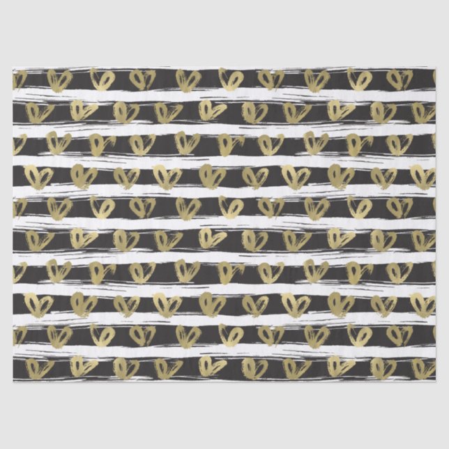 Schwarz-weiße Streifen Gold Hearts Seidenpapier (Vorderseite)