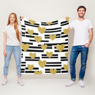 Schwarz Weiße Streifen Gold Herzen Muster Fleecedecke
