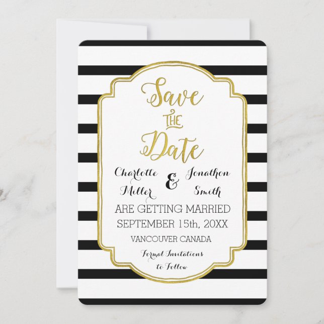 Schwarz-weiße Streifen Gold Hochzeit speichern das Save The Date (Vorderseite)