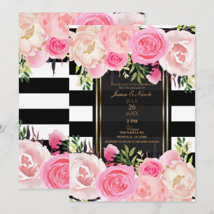 Schwarz Weiße Streifen Gold Rosa Florale Hochzeit Einladung