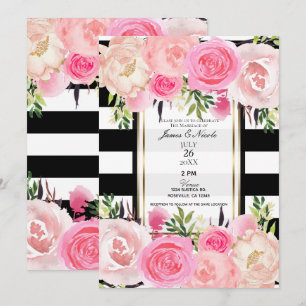 Schwarz Weiße Streifen Gold Rosa Florale Hochzeit Einladung