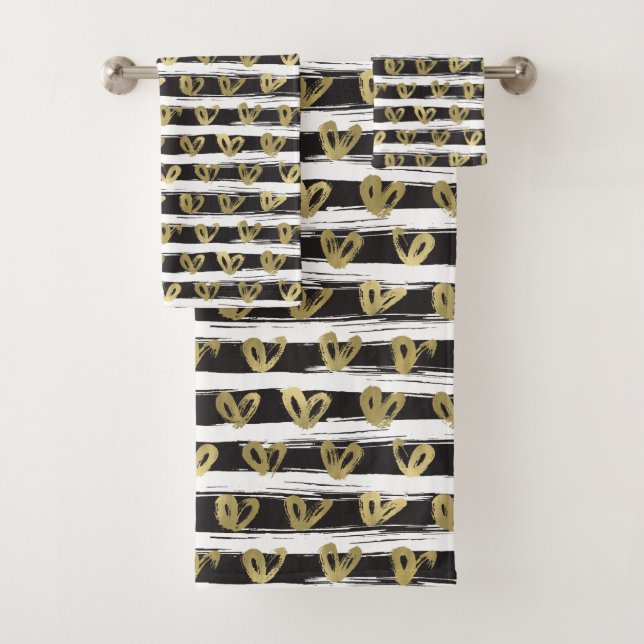 Schwarz-weiße Streifen-Goldherzen Badhandtuch Set (Insitu)