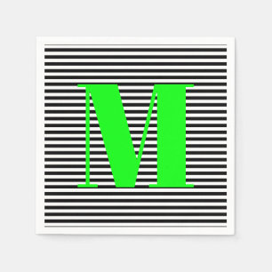 Schwarz-weiße Streifen in Monogramm, neongrün Serviette