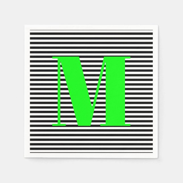 Schwarz-weiße Streifen in Monogramm, neongrün Serviette (Vorderseite)