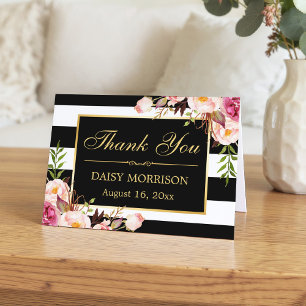 Schwarz-weiße Streifen mit floralen Goldrahmen Dan Dankeskarte