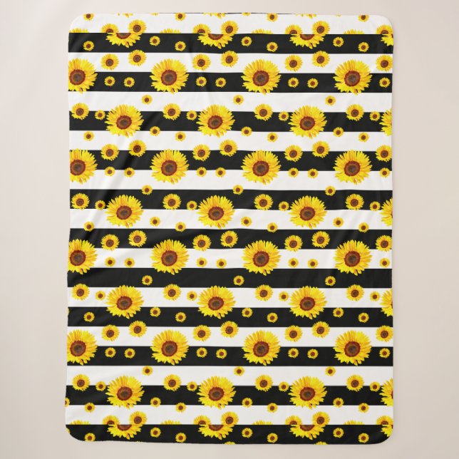 Schwarz-weiße Streifen mit Sonnenblumen Blume Sherpadecke (Vorderseite)