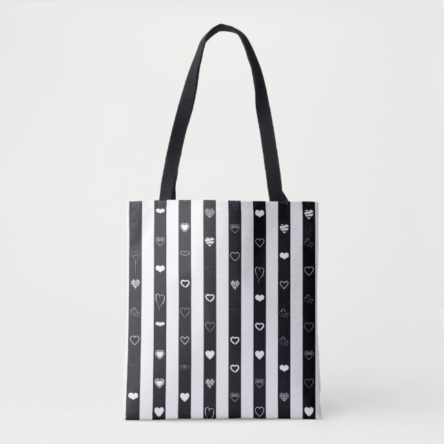 Schwarz-weiße Streifen Modernes Herzmuster Tasche (Vorderseite)