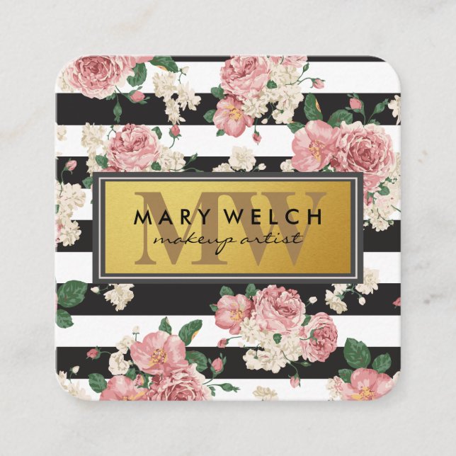 Schwarz-weiße Streifen Monogram Floral Muster Terminkarte (Vorderseite)
