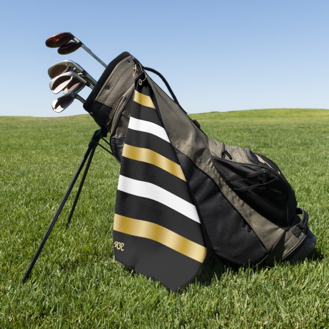 Schwarz-weiße Streifen Muster Gold Akzente 2 Golfhandtuch (Gras)