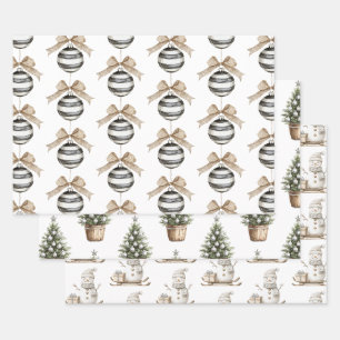 Schwarz-weiße Streifen Ornament Bow Weihnachten Geschenkpapier Set