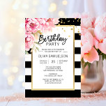 Schwarz-weiße Streifen Pink Peongs Geburtstagspart Einladung<br><div class="desc">Trendy und modern bearbeitbare Vorlagen laden zum Geburtstagsfest für Mädchen/Frauen in schwarz und weiß Streifen ein. Imitate Goldrahmen mit Aquarellpink-Pfannkuchen / Peony-Blume an der Ecke. Alle Texte können bearbeitet und geändert werden; Schriftart,  Farbe und Größe. Kontaktieren Sie Designer für weitere Variationen oder Hilfe.</div>