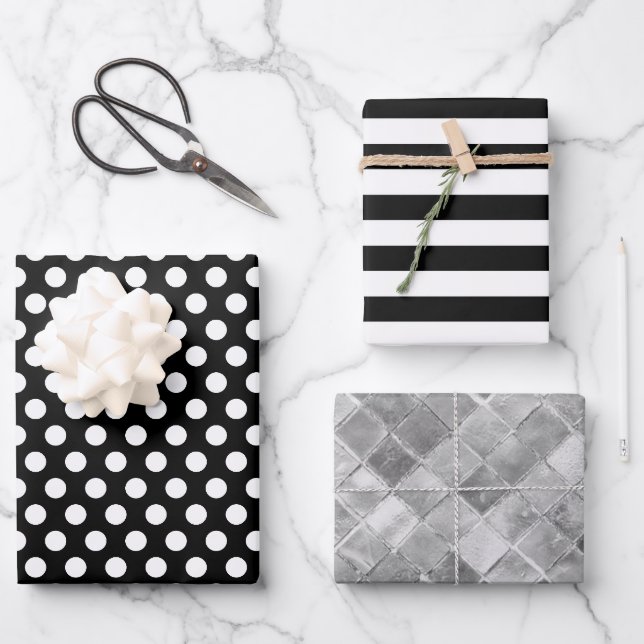 Schwarz-weiße Streifen Polka Dots Silberfolie Geschenkpapier Set (Vorderseite)