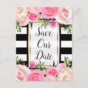 Schwarz Weiße Streifen Rosa Blumen Save The Date Ankündigungspostkarte