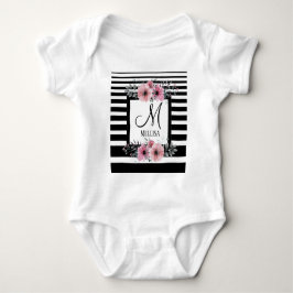 Schwarz-weiße Streifen Rosa Floral Monogramm Baby Strampler