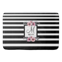 Schwarz-weiße Streifen Rosa Floral Monogramm Badematte