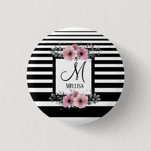 Schwarz-weiße Streifen Rosa Floral Monogramm Button