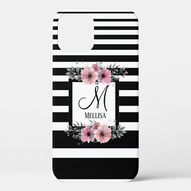 Schwarz-weiße Streifen Rosa Floral Monogramm Case-Mate iPhone Hülle (Rückseite)