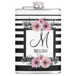 Schwarz-weiße Streifen Rosa Floral Monogramm Flachmann