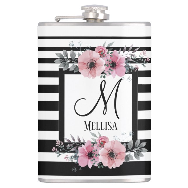 Schwarz-weiße Streifen Rosa Floral Monogramm Flachmann (Vorderseite)