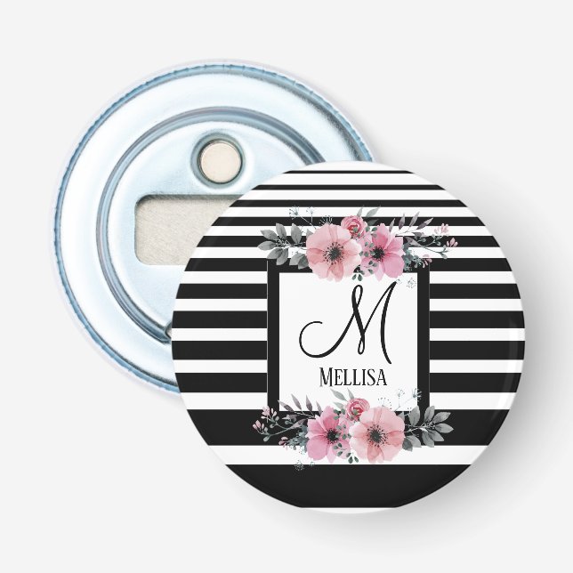 Schwarz-weiße Streifen Rosa Floral Monogramm Flaschenöffner (Vorderseite)