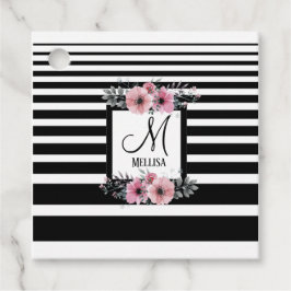 Schwarz-weiße Streifen Rosa Floral Monogramm Geschenkanhänger