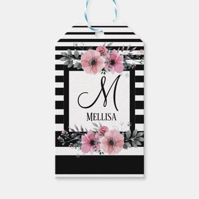 Schwarz-weiße Streifen Rosa Floral Monogramm Geschenkanhänger (Vorderseite)