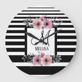 Schwarz-weiße Streifen Rosa Floral Monogramm Große Wanduhr