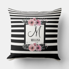 Schwarz-weiße Streifen Rosa Floral Monogramm Kissen