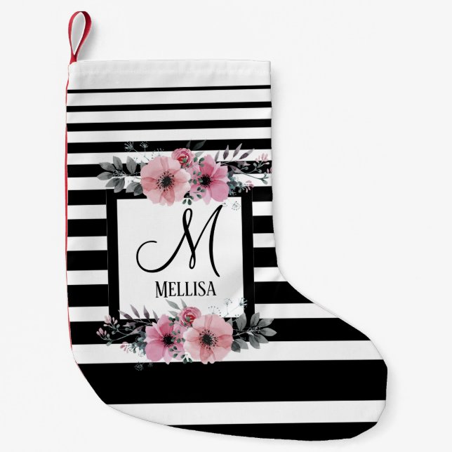 Schwarz-weiße Streifen Rosa Floral Monogramm Kleiner Weihnachtsstrumpf (Vorderseite)