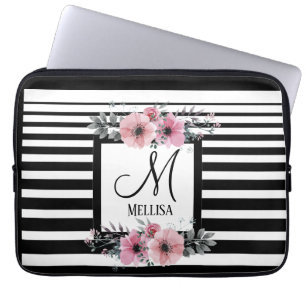 Schwarz-weiße Streifen Rosa Floral Monogramm Laptopschutzhülle