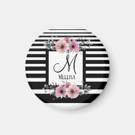 Schwarz-weiße Streifen Rosa Floral Monogramm Magnet