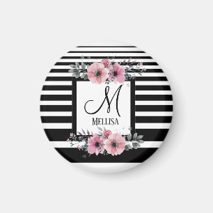 Schwarz-weiße Streifen Rosa Floral Monogramm Magnet