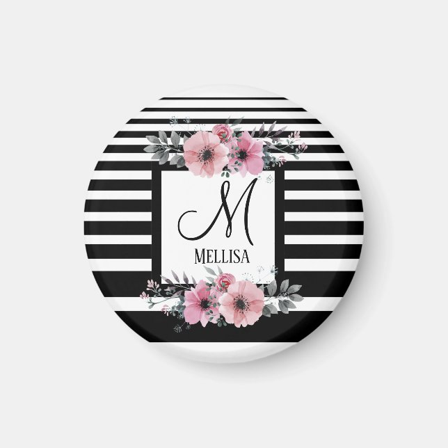 Schwarz-weiße Streifen Rosa Floral Monogramm Magnet (Vorne)