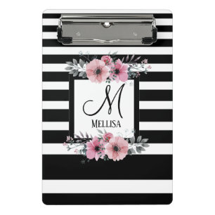 Schwarz-weiße Streifen Rosa Floral Monogramm Mini Klemmbrett