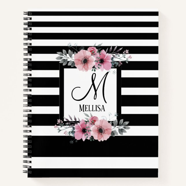 Schwarz-weiße Streifen Rosa Floral Monogramm Notizbuch (Vorderseite)