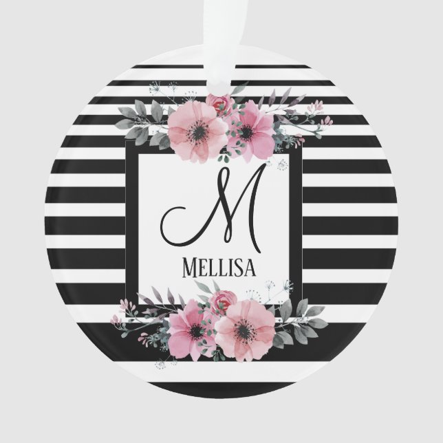 Schwarz-weiße Streifen Rosa Floral Monogramm Ornament (Vorderseite)