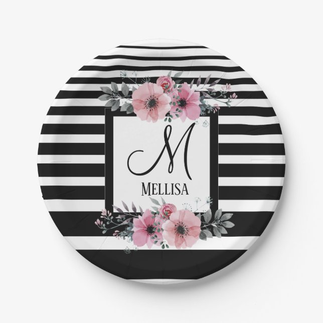 Schwarz-weiße Streifen Rosa Floral Monogramm Pappteller (Vorderseite)