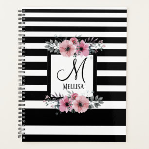 Schwarz-weiße Streifen Rosa Floral Monogramm Planer